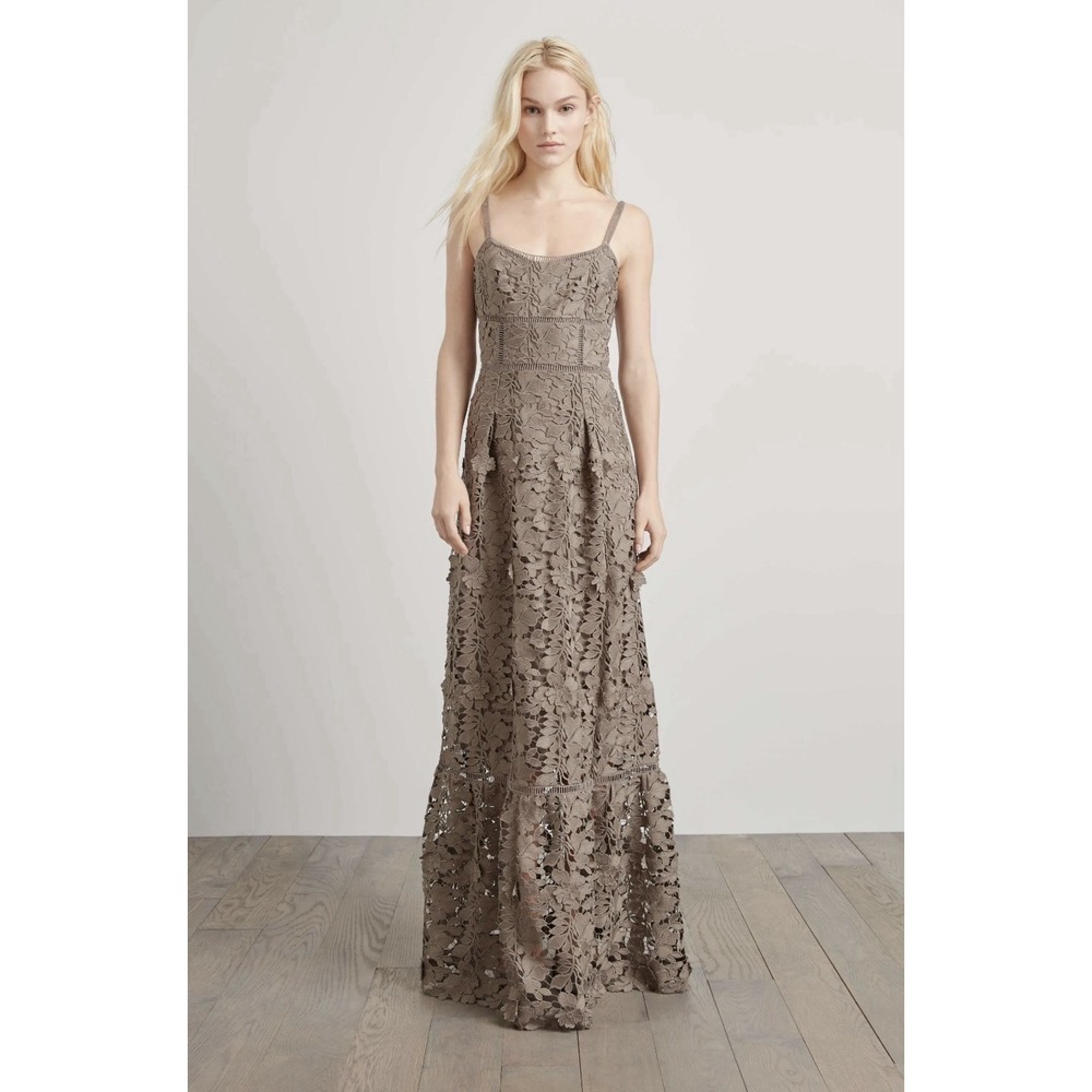 Elie Tahari Jill Floral Lace Maxi Dress 0 Brown Sleeveless Romantic Gown